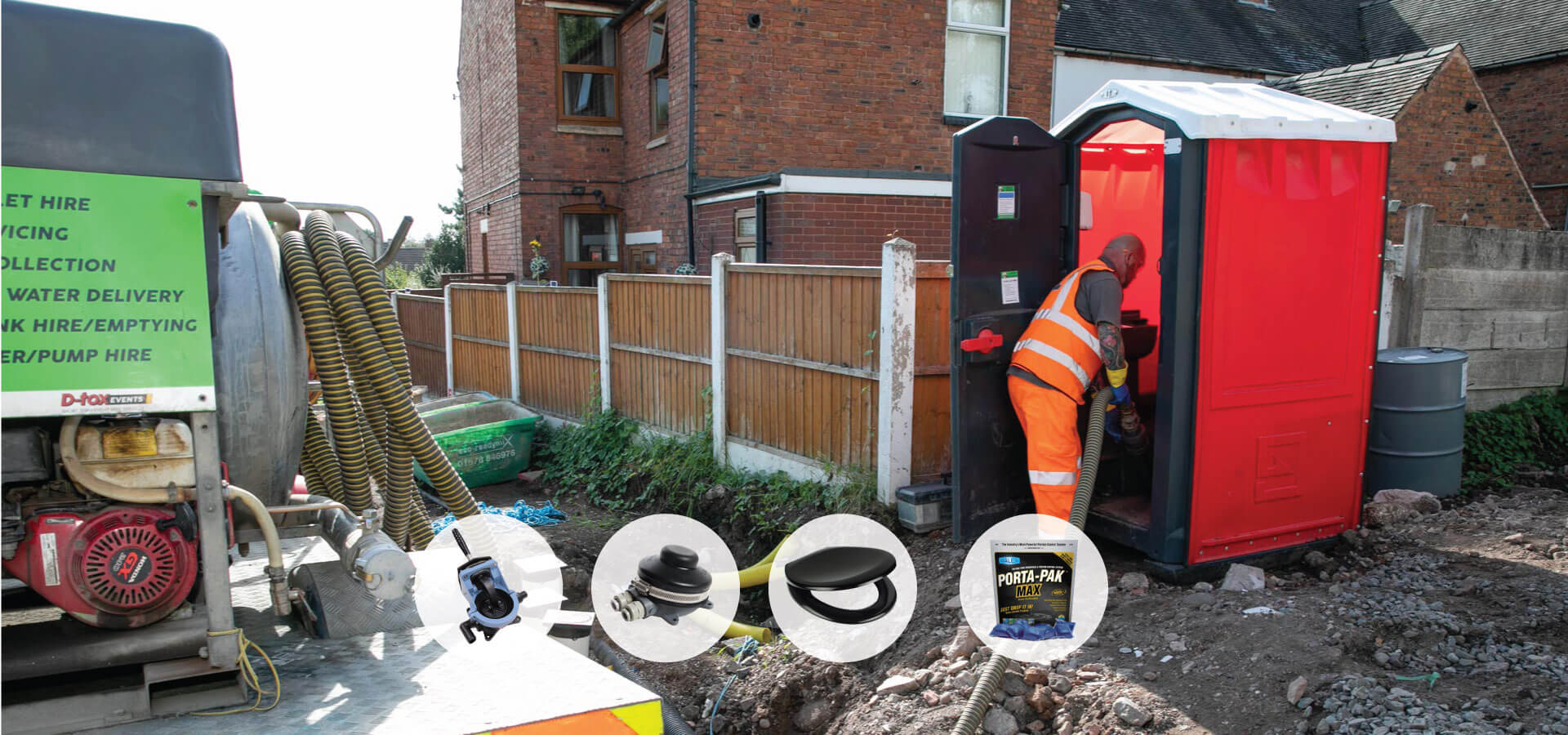 A portable toilet on a construction site showing some of many possible spares parts used in the portable toilet industry
