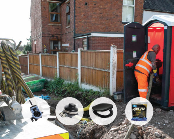 A portable toilet on a construction site showing some of many possible spares parts used in the portable toilet industry